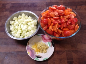 Fresh ingredients for fruity red tomato relish
