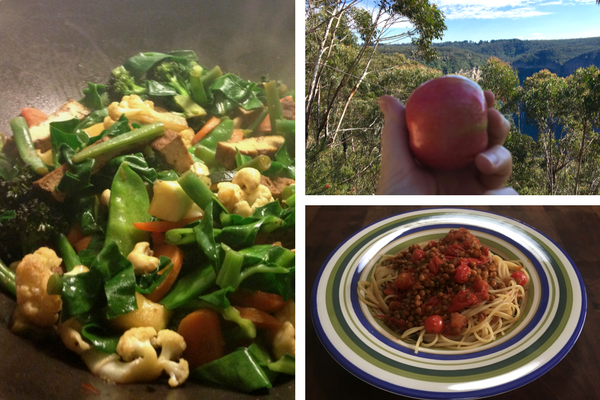 Three sexy fibre foods, stir-fry, lentil bolognese and a fresh red apple