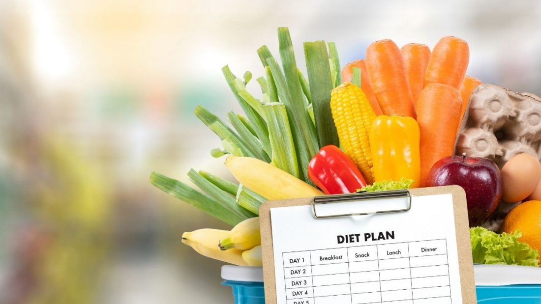 Basket of vegetables with a diet plan clip board